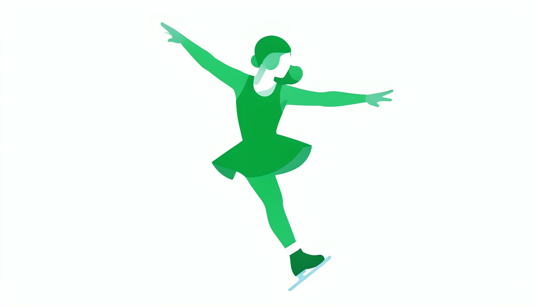 Flat vector illustration of a figure skater mid-spin, cool green and white tones, action sports photography theme