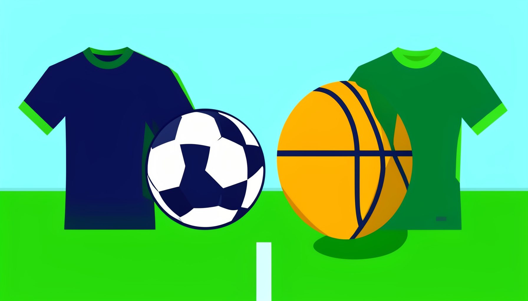 Flat vector illustration of a soccer ball and basketball on a field, with team jersey silhouettes in navy blue and bright green