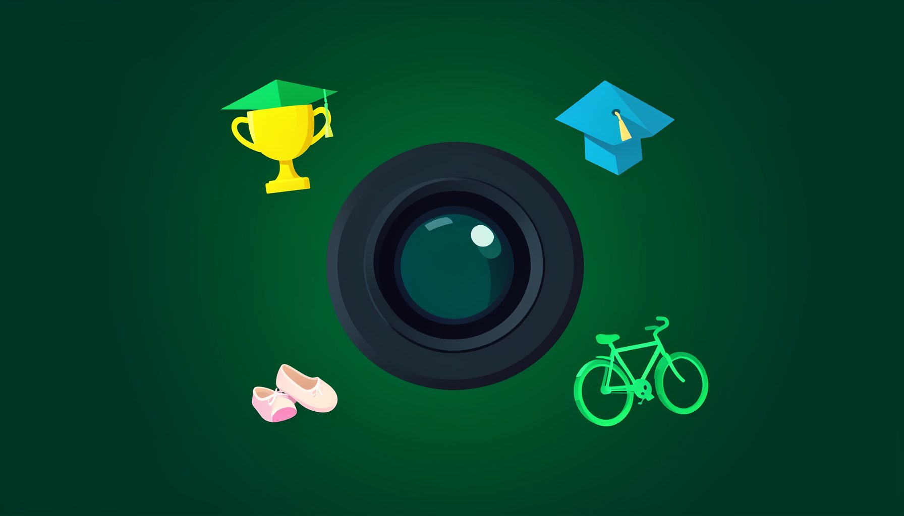 Flat vector illustration of a camera lens surrounded by colorful event icons including a trophy, graduation cap, ballet slippers, and a bicycle, set against a dark green backdrop with soft radial glow