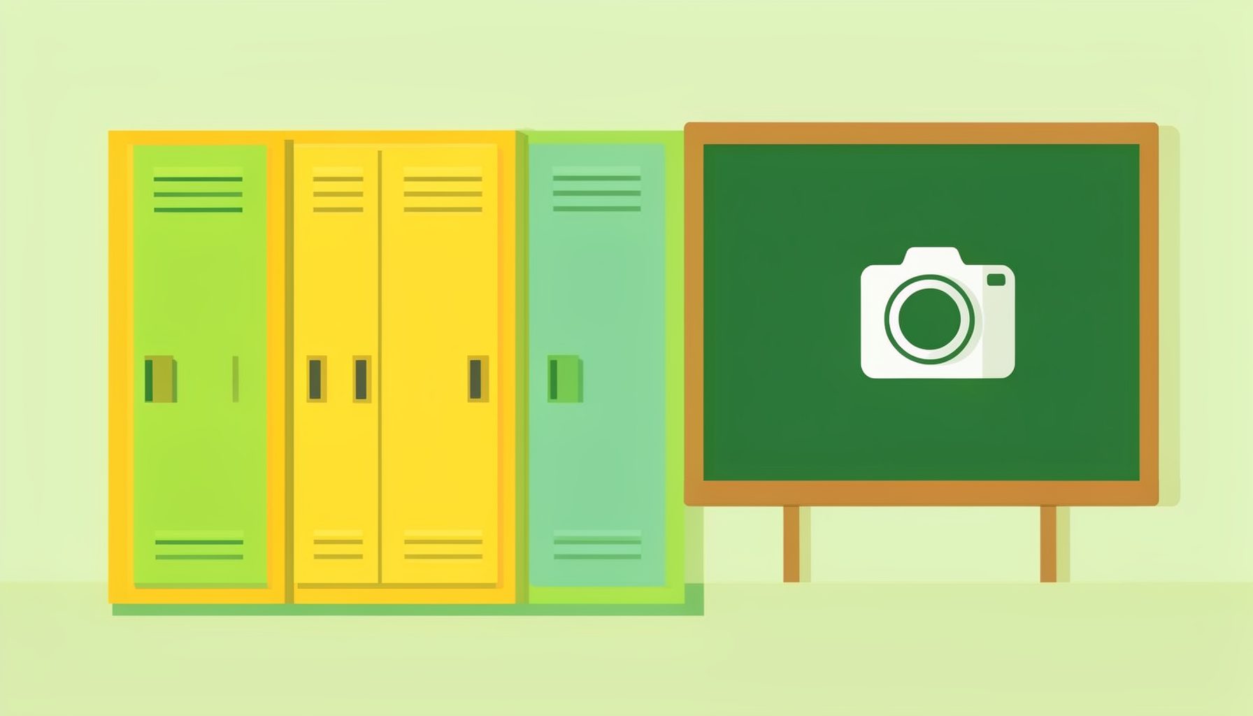 Flat vector illustration of colorful school lockers and a chalkboard with a camera icon, in warm yellows and soft greens