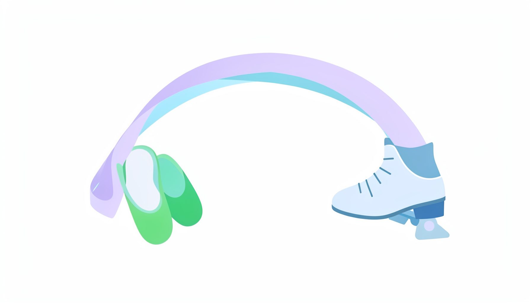 Flat vector illustration of ballet slippers, a gymnastics ribbon, and ice skates arranged in a graceful arc, in soft lavender and icy blue tones
