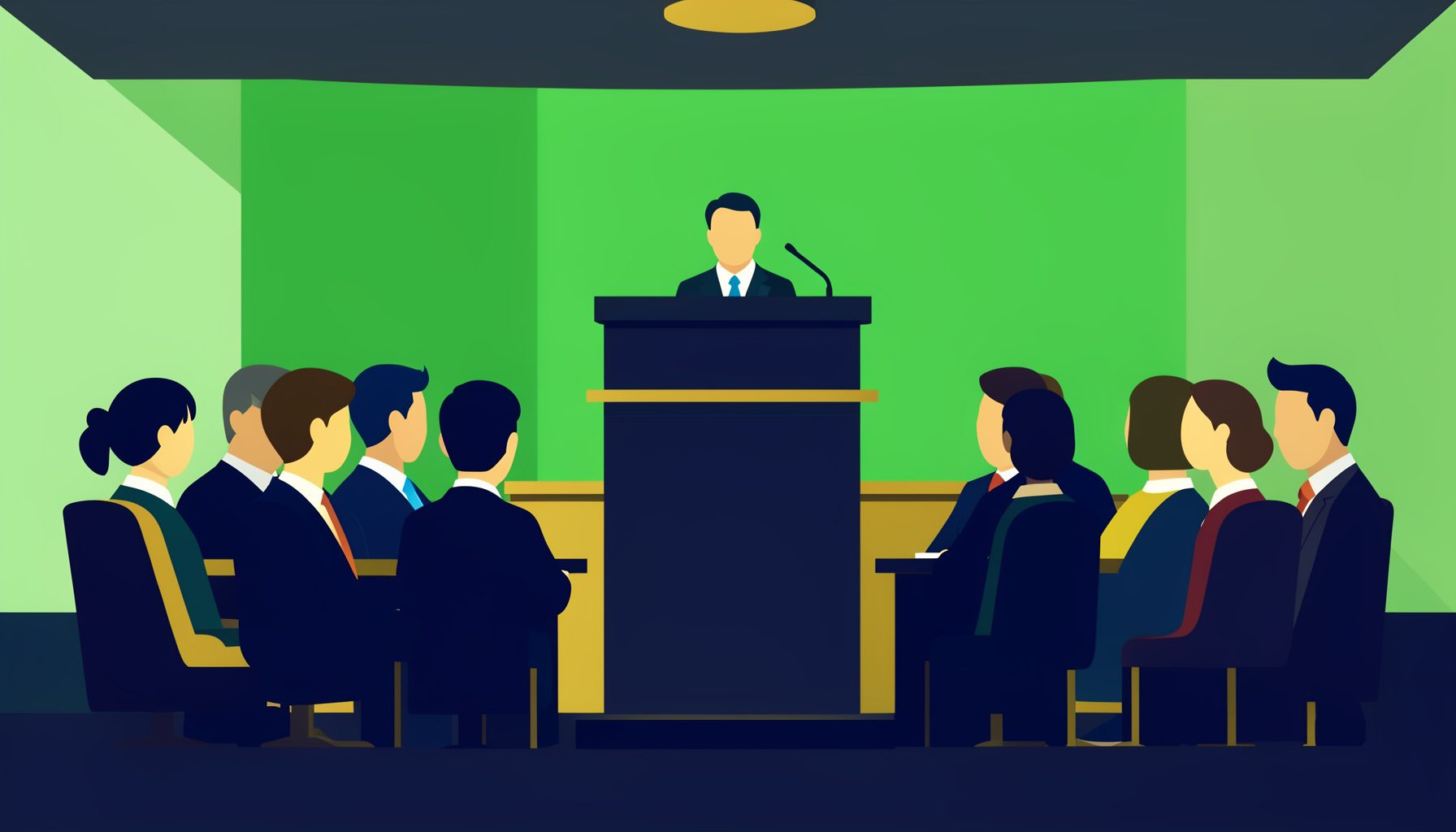 Flat vector illustration of a conference setting with a podium and attendees, rendered in professional navy and warm gold tones