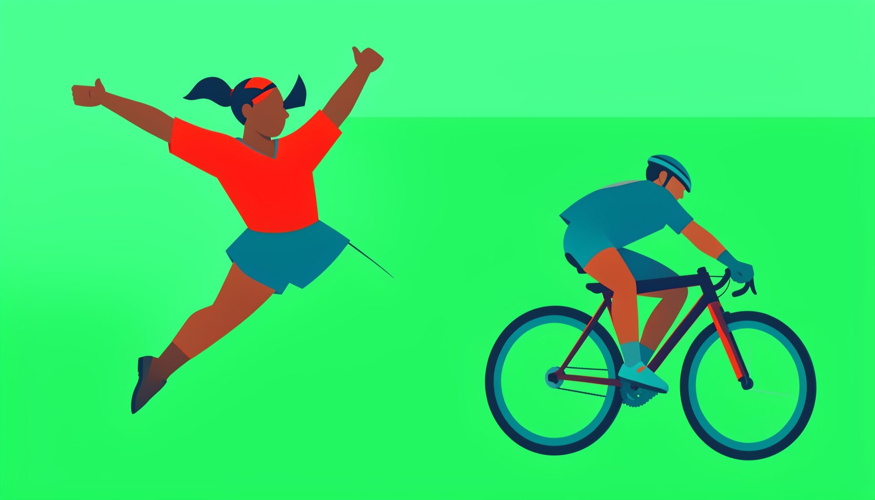 Flat vector illustration of a dynamic action scene with a cheerleader mid-stunt and a cyclist in motion, in bold red and teal accents