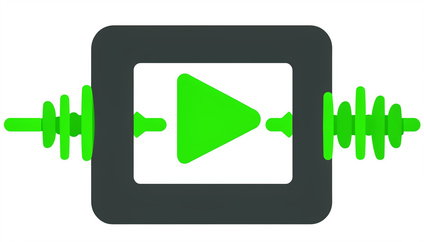 Flat vector illustration of a play-button icon over a camera viewfinder, with digital waveform accents in bright green and charcoal
