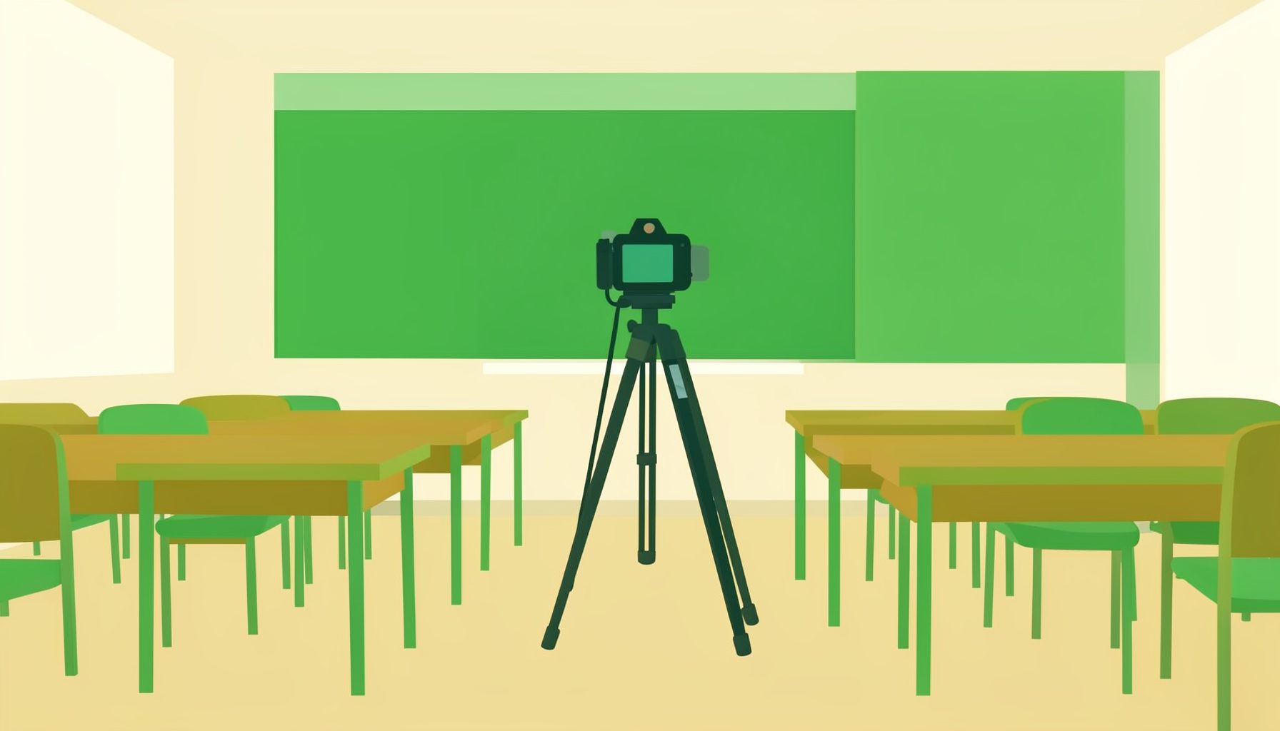 Flat vector illustration of a classroom setting with a camera on a tripod, soft greens and warm beige tones