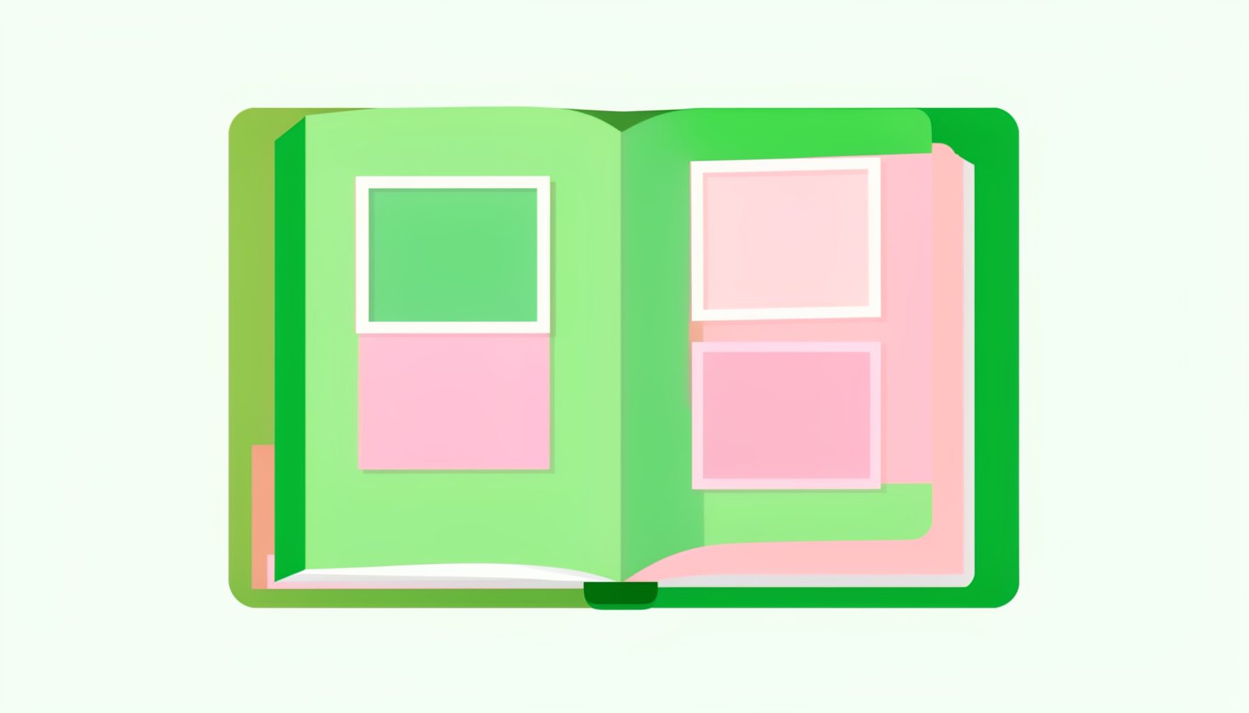Flat vector illustration of a memory book with colorful pages and photo frames, pastel pinks and greens