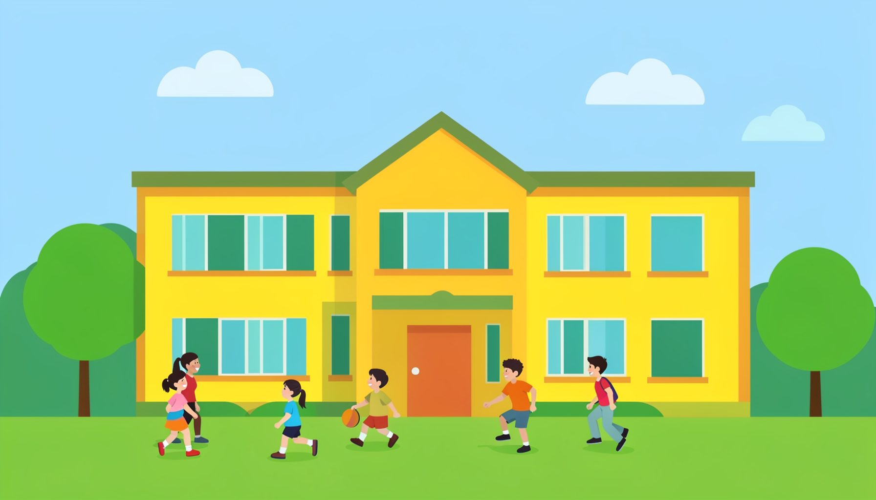 Flat vector illustration of a colorful school building with children playing outside, warm yellows and greens against a soft blue sky