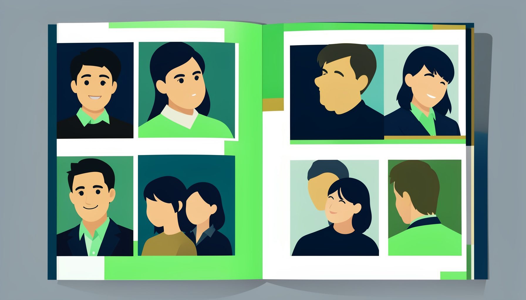 Flat vector illustration of a yearbook spread with portraits and candid shots, navy and gold accents