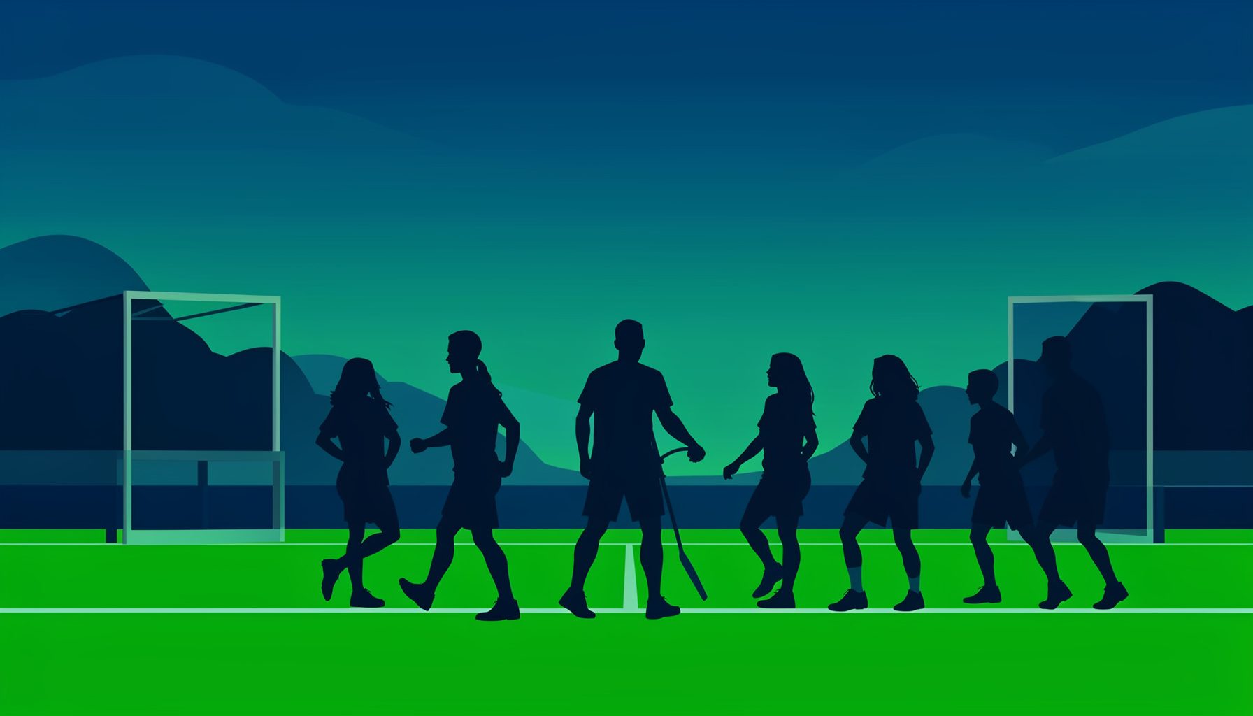 Flat vector illustration of a sports field at dusk with team silhouettes, deep green and navy tones, energetic yet calm atmosphere