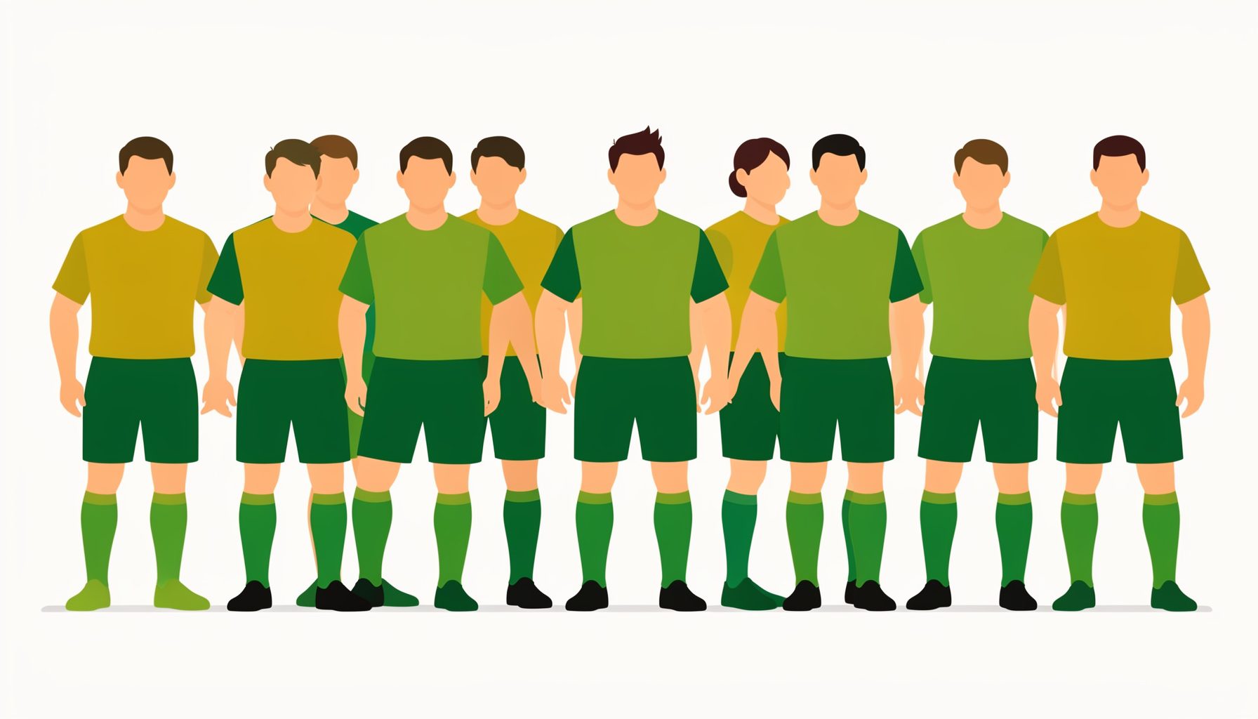 Flat vector illustration of a sports team lined up in uniform, warm gold and forest green palette, proud and unified mood