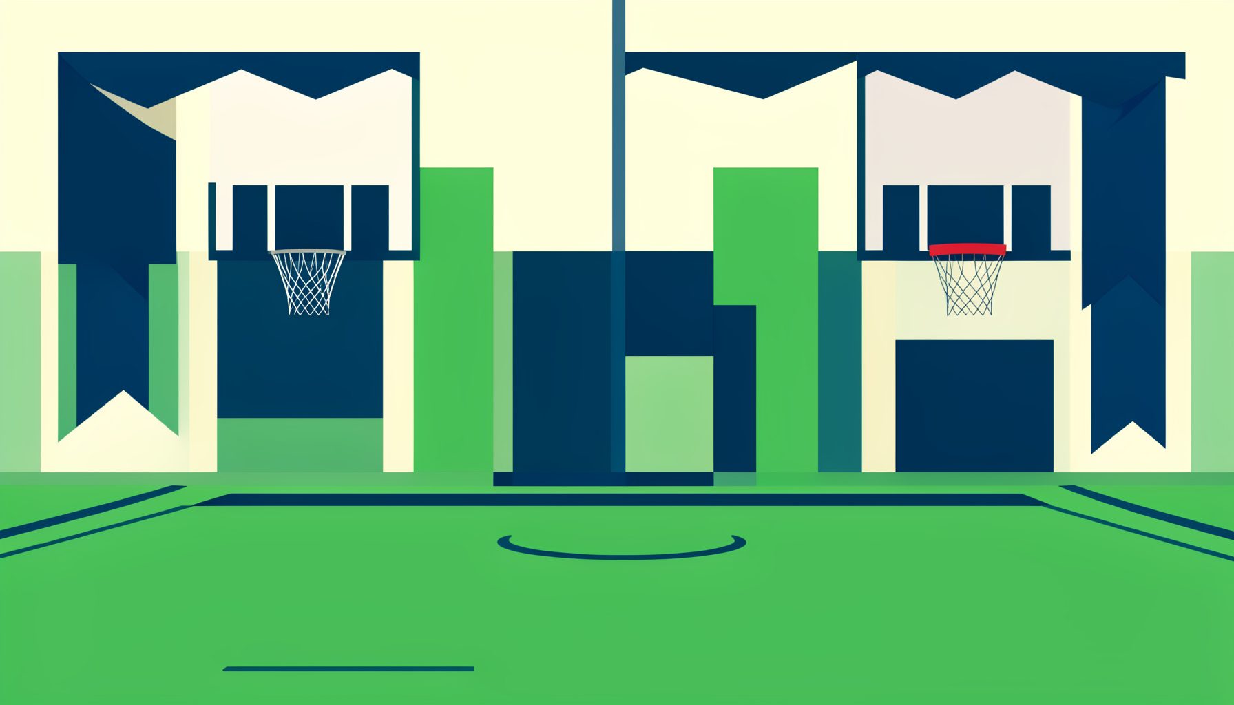 Flat vector illustration of a school gymnasium with basketball hoops and banners, navy and cream tones, scholastic atmosphere