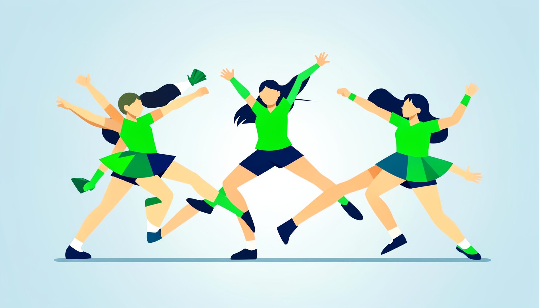 Flat vector illustration of cheerleaders in mid-stunt with vibrant green and navy accents against a soft gradient background