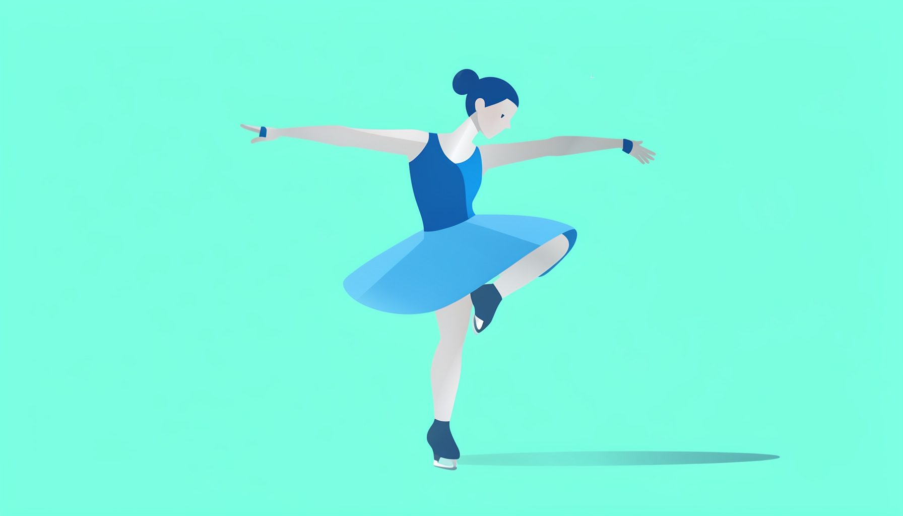 Flat vector illustration of a figure skater in a graceful spin, cool blue and silver tones with subtle ice texture