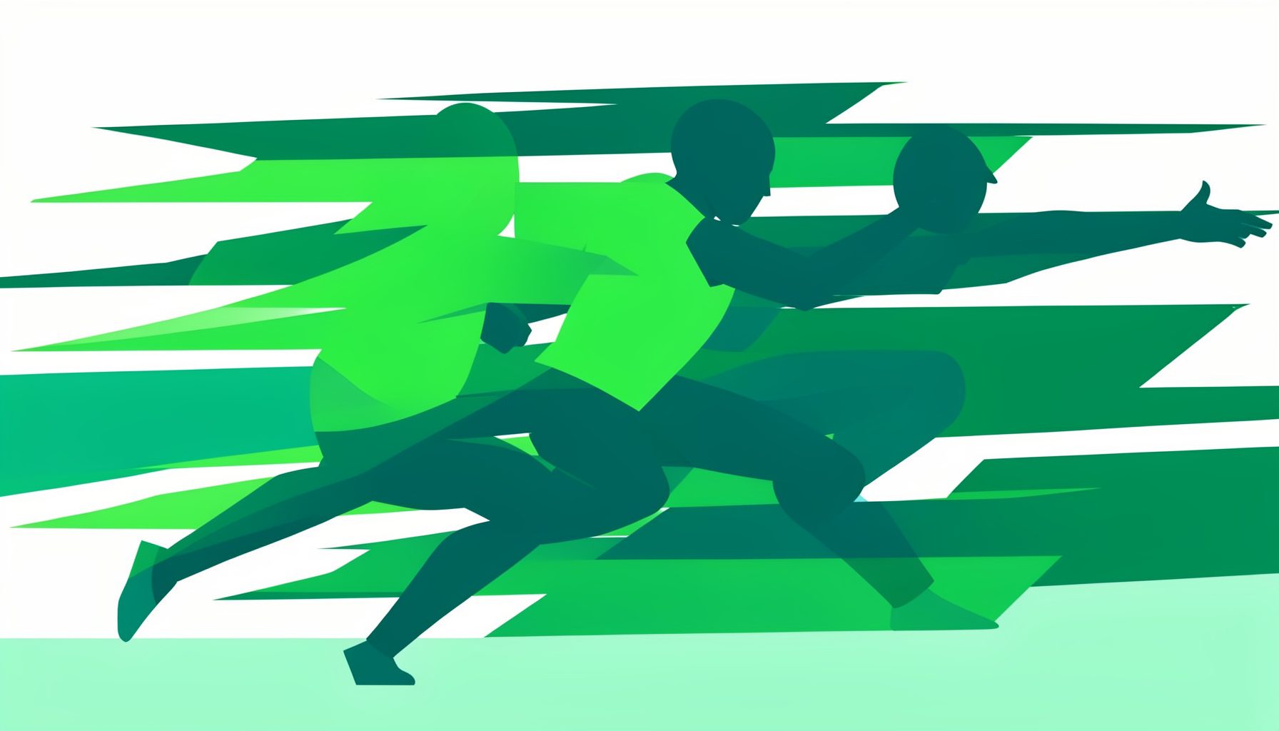 Flat vector illustration of a dynamic sports action scene with motion blur streaks in green and dark teal, capturing the energy of athletes in motion