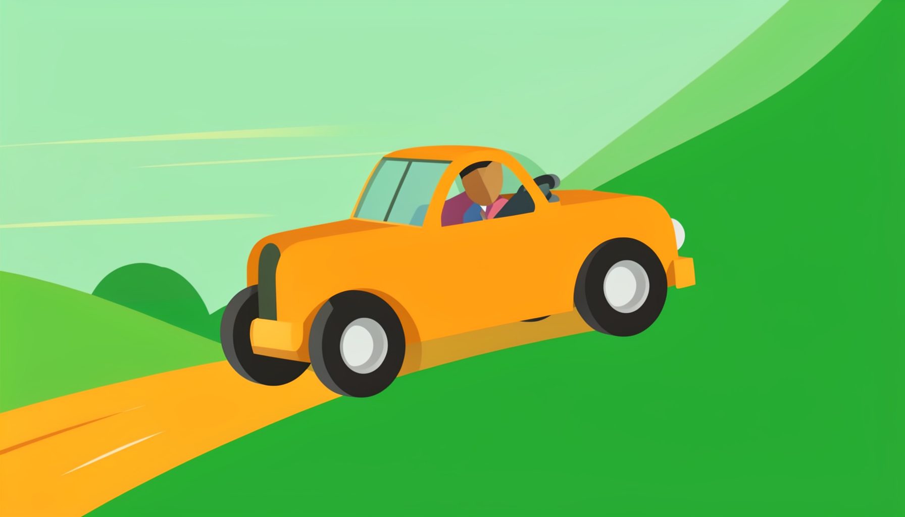 Flat vector illustration of a soap box derby car racing downhill, warm orange and green tones with motion lines