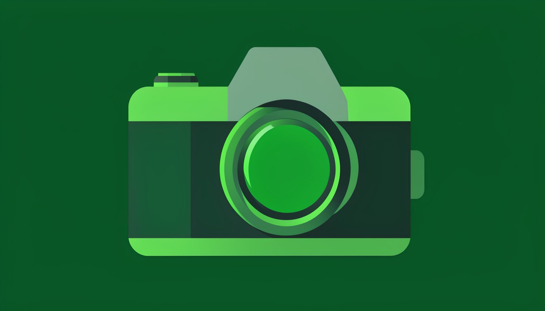 Flat vector illustration of a photographer's camera with a green lens against a dark forest-green background, conveying a professional and energetic mood