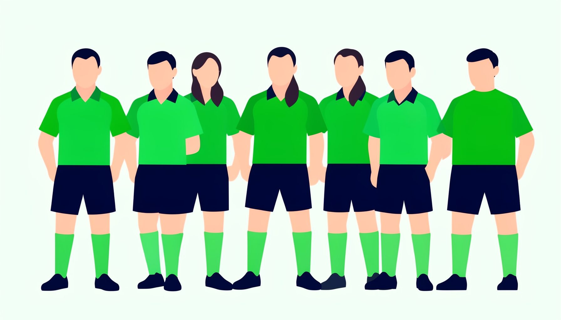 Flat vector illustration of sports team in uniform, green and navy accents, team photography theme