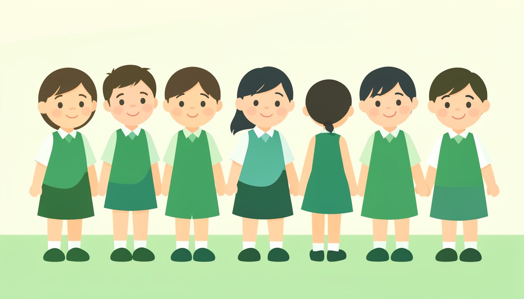 Flat vector illustration of school children in a row, soft green and cream tones, friendly school photography theme