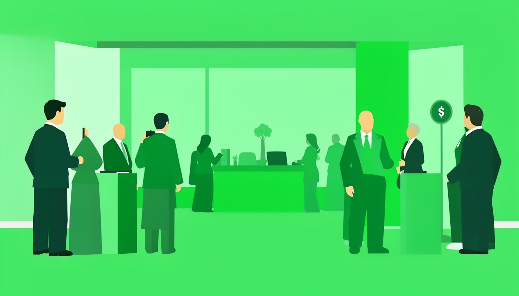 Flat vector illustration of a corporate event setting with green accents, professional event photography theme