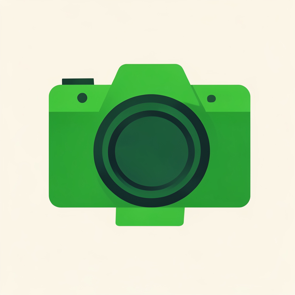 Flat vector illustration of a camera lens with green and dark green accents, set against a soft off-white background, conveying professional photography services