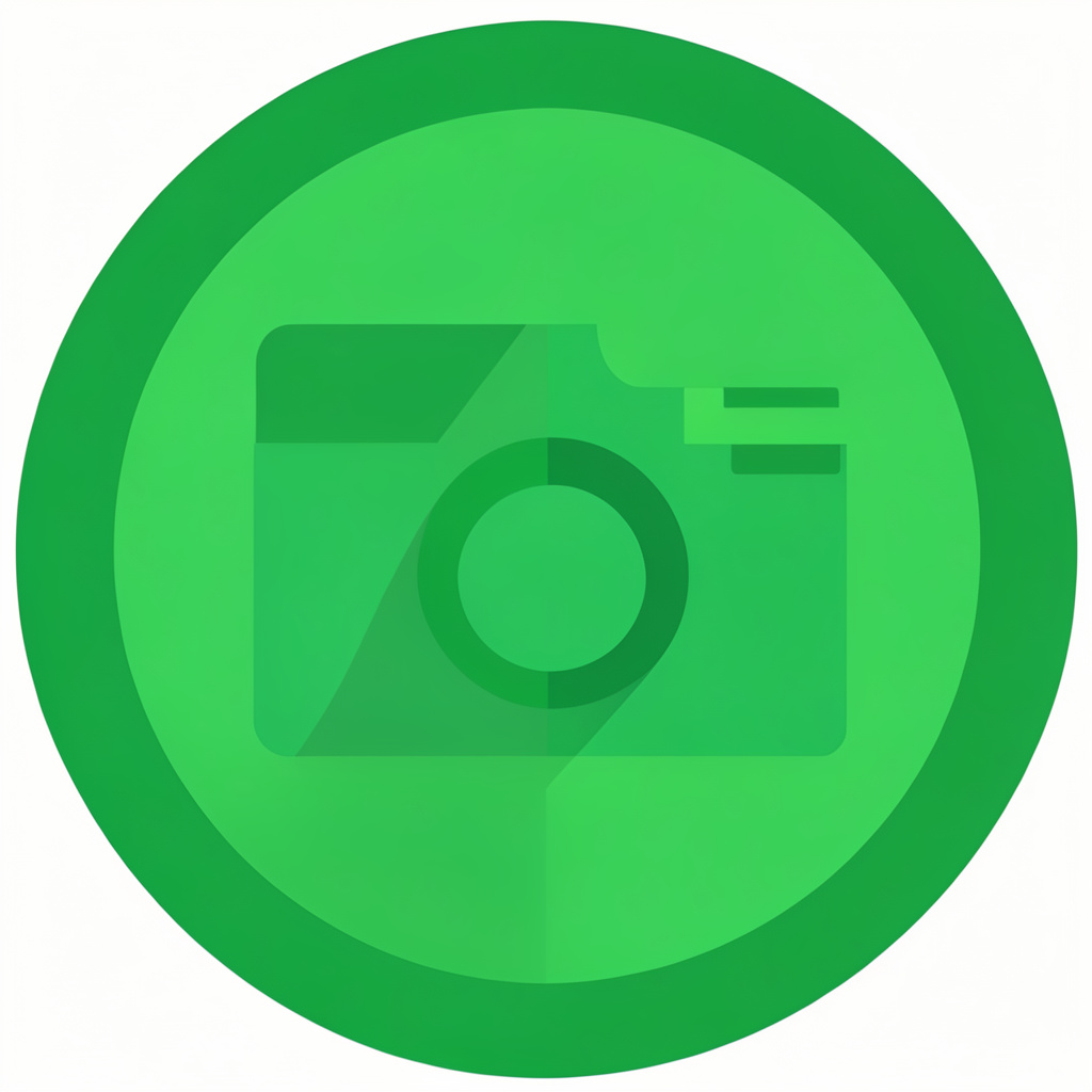 Flat vector illustration of a circular photo gallery icon with green tones, representing online photo viewing and ordering